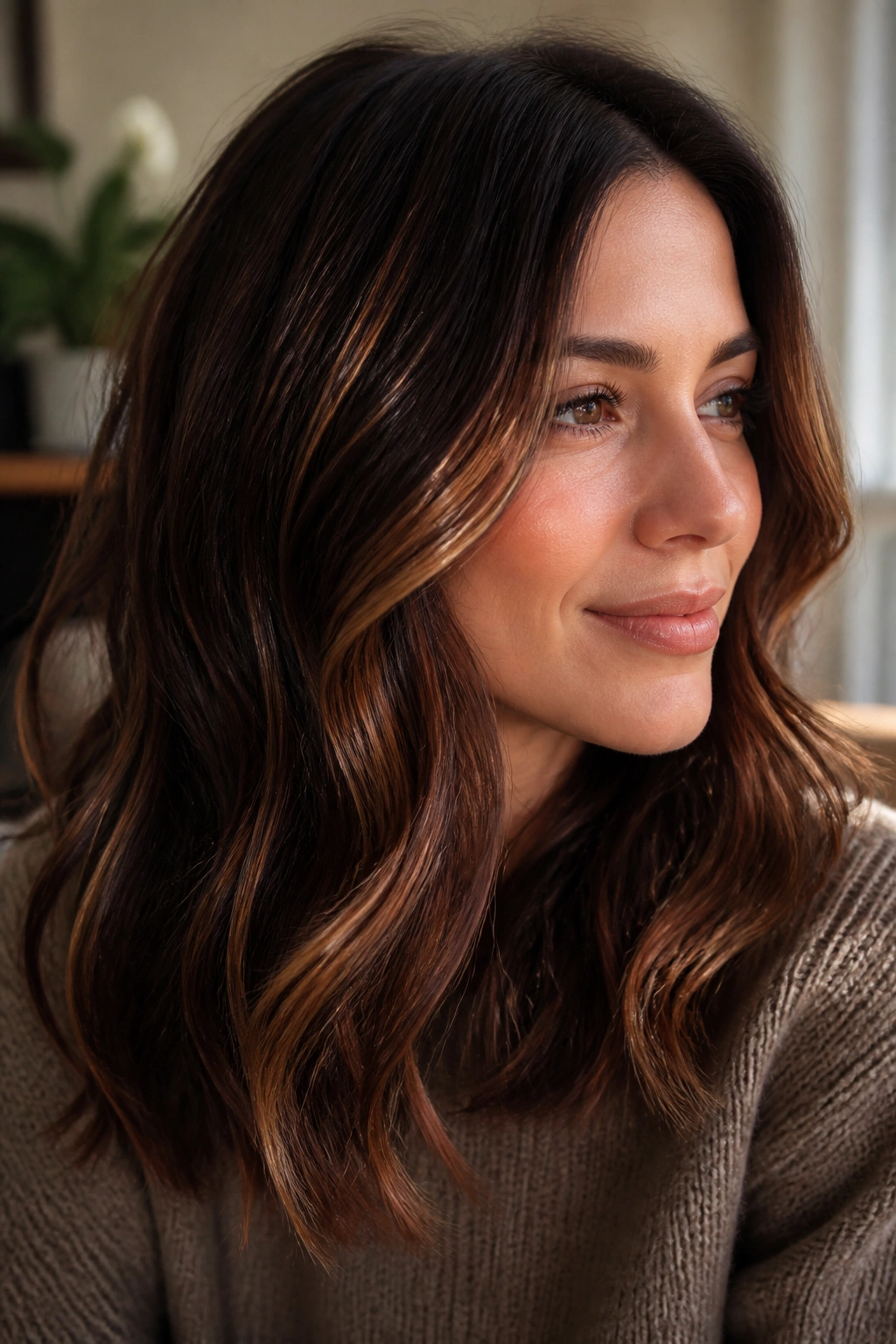 Close-up of a real woman with chestnut ribbon lights in dark brown hair