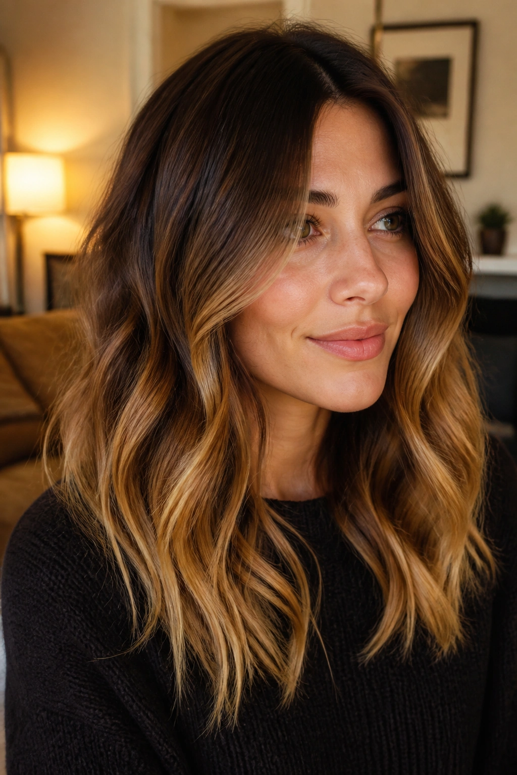 Close-up portrait of a woman with chestnut roots melting into honey ends in soft waves.