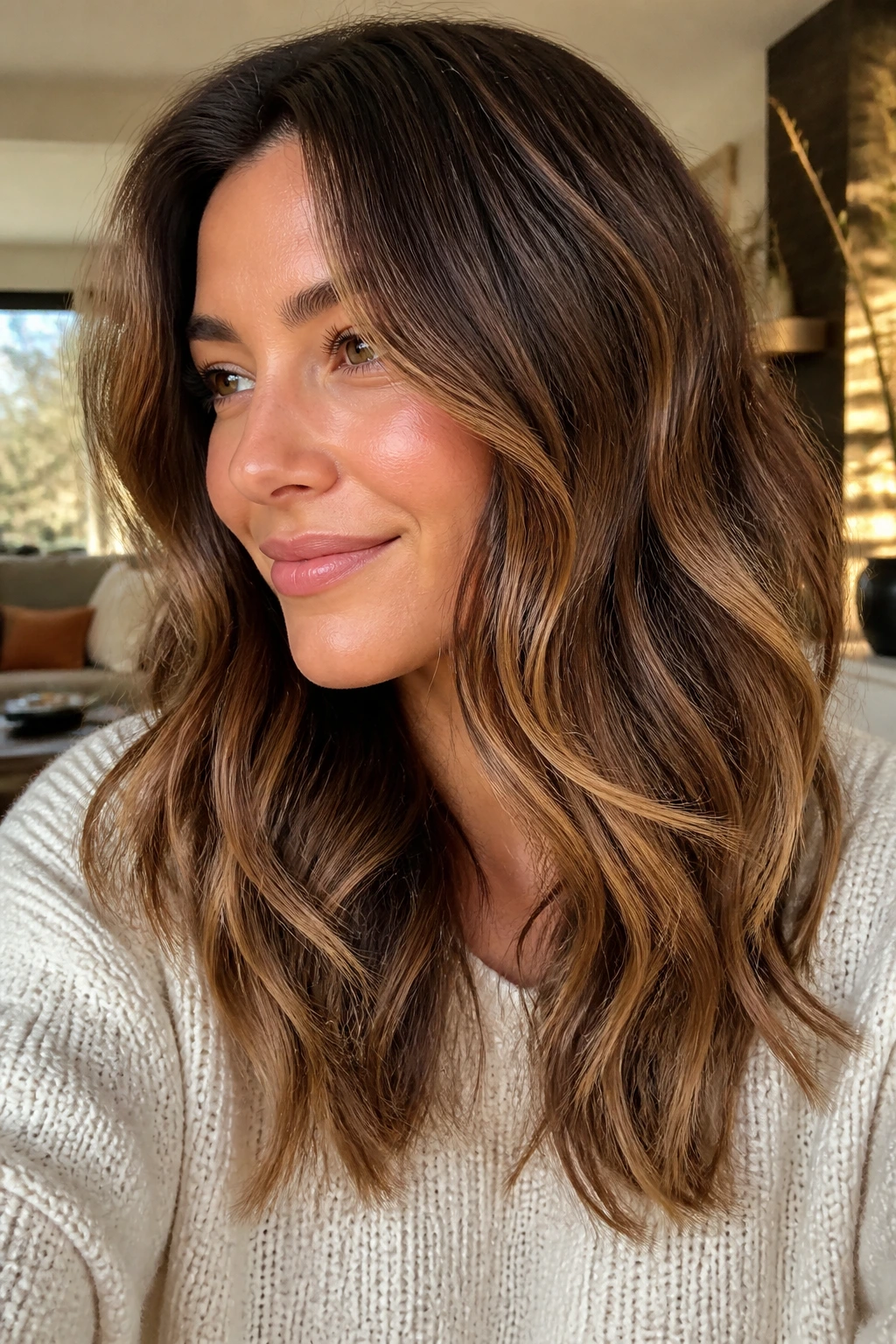 Close-up of a real woman with chestnut and toffee dimension on wavy hair.