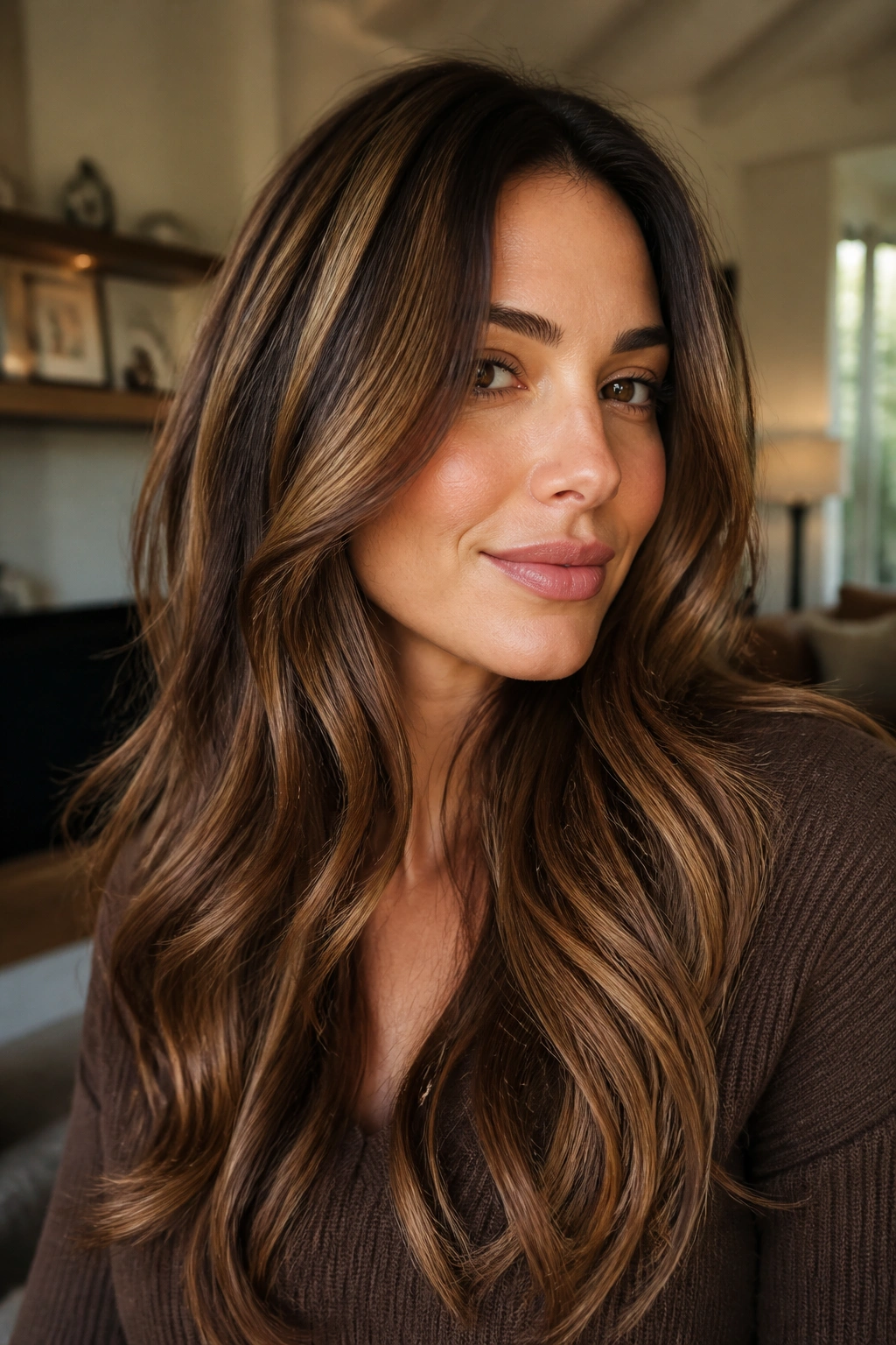 Close-up of real woman with chestnut base and toffee dimension in long hair
