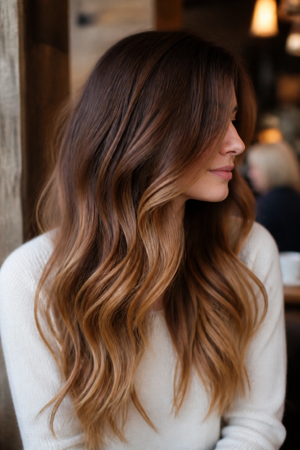 Close-up of a real woman with chestnut-to-toffee ombré on long hair