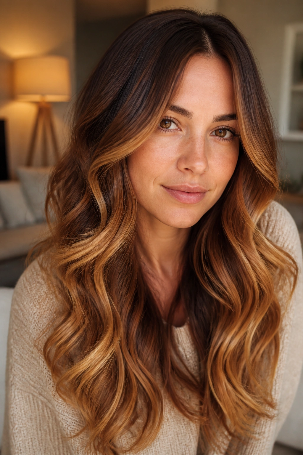 Portrait of a real woman with chestnut to golden toffee ombre