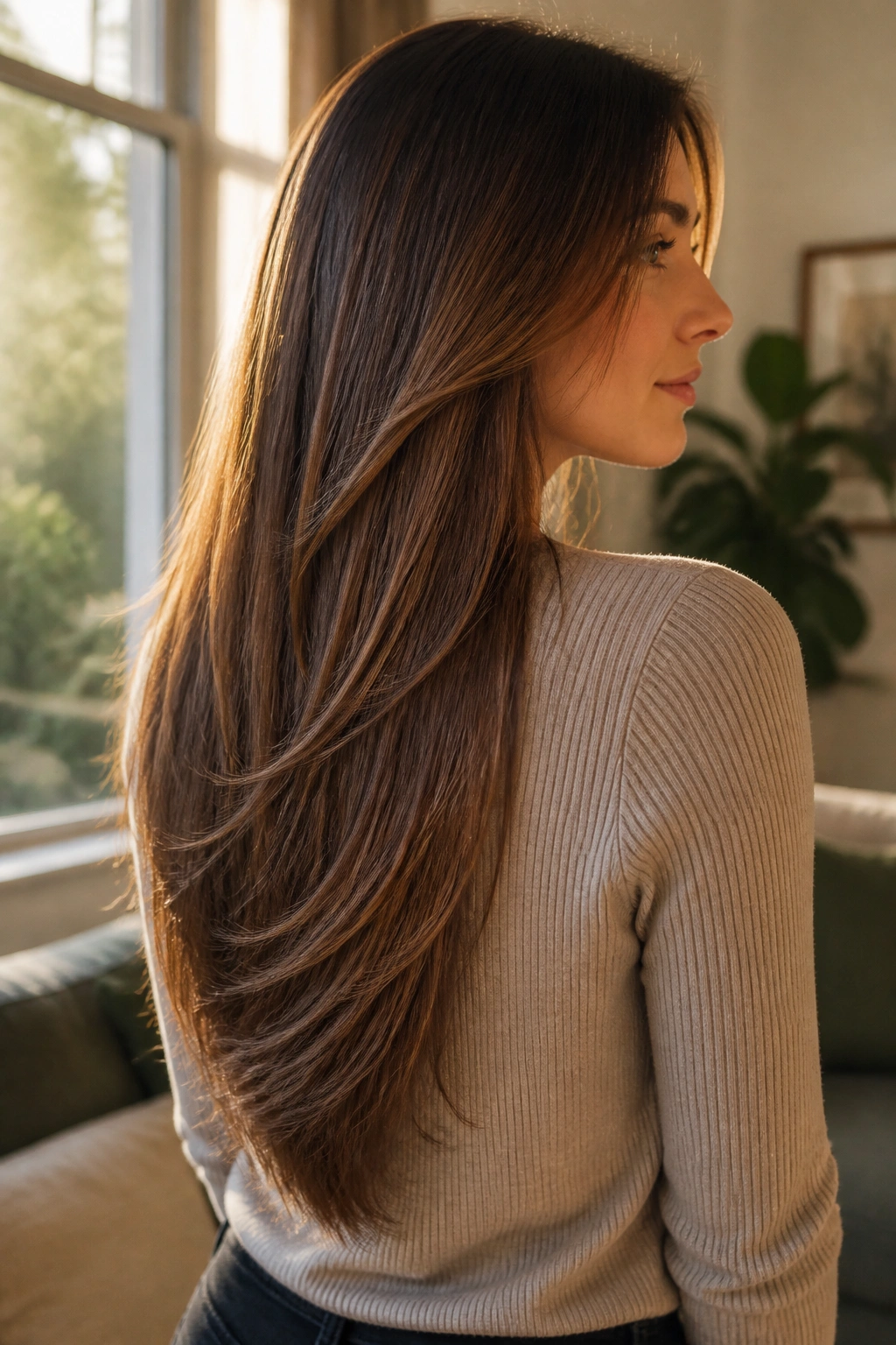 Three-quarter portrait showing chevron layers with a soft V at the back on a real person