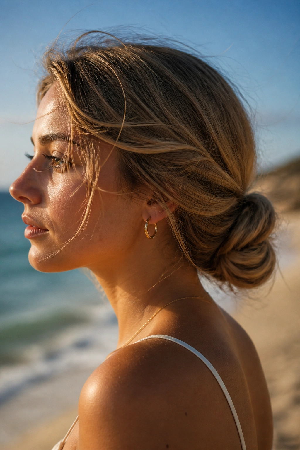 Close-up of a woman with a loose chignon at the nape on the beach