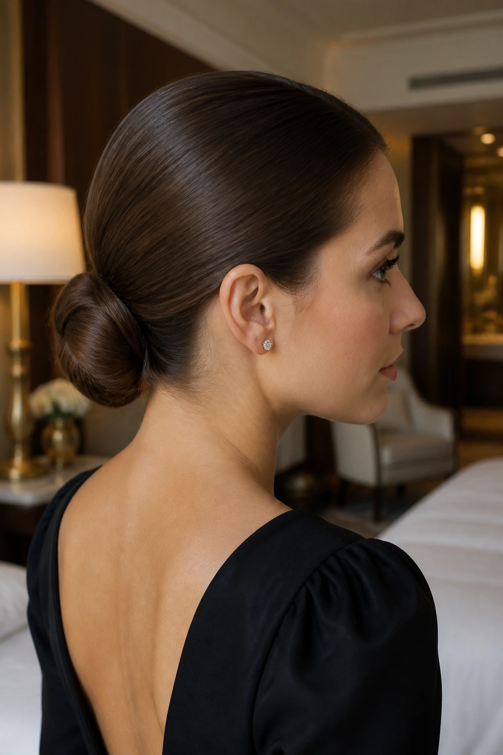 Side-profile of a real woman with a tucked-in chignon donut bun