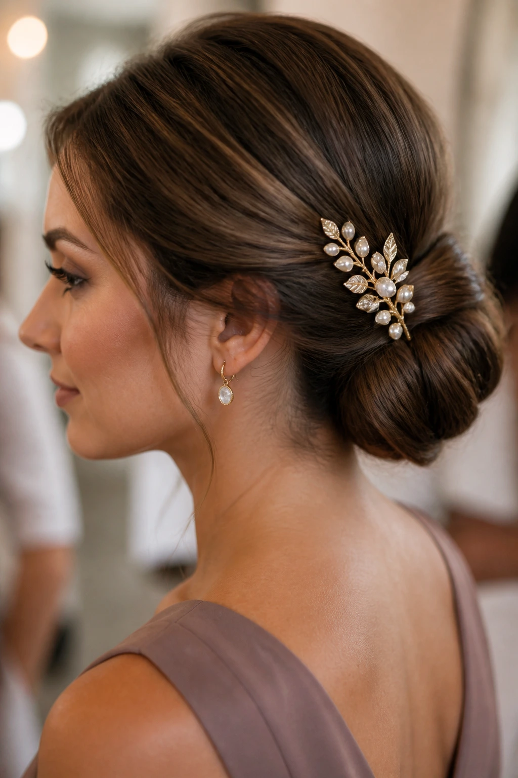 Close-up side-profile of a woman with a low chignon and a gold statement comb at the nape