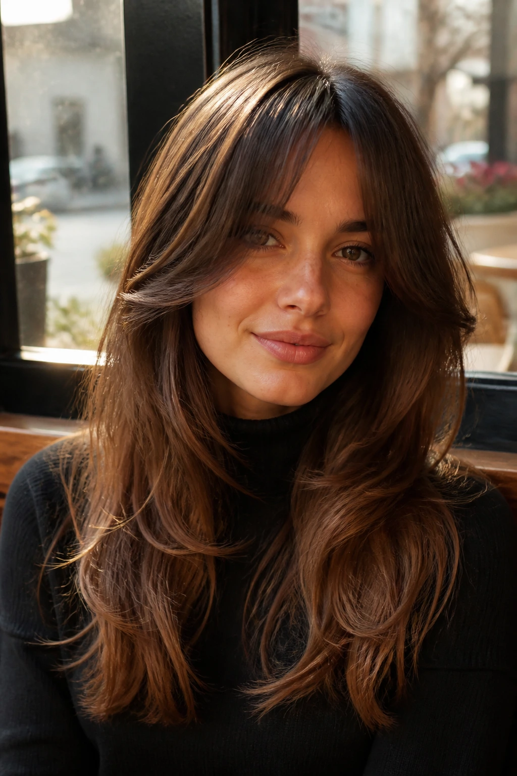 Close-up portrait of a real person with chin-down long layers and curtain bangs