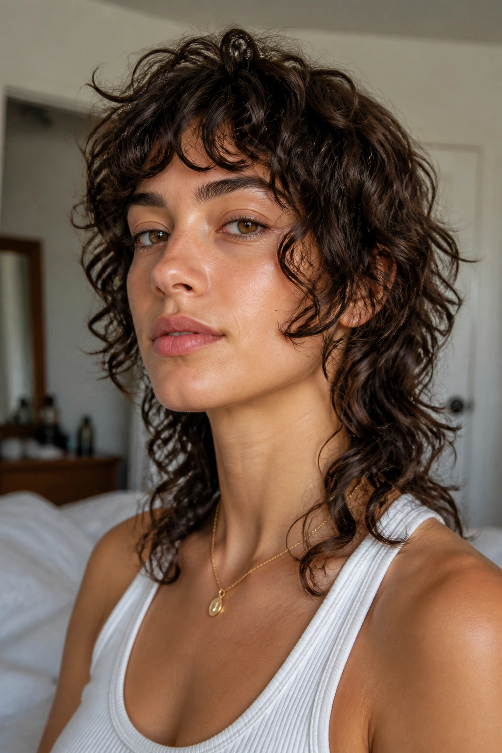 Close-up portrait showing chin-framing layers and a longer back on curly hair