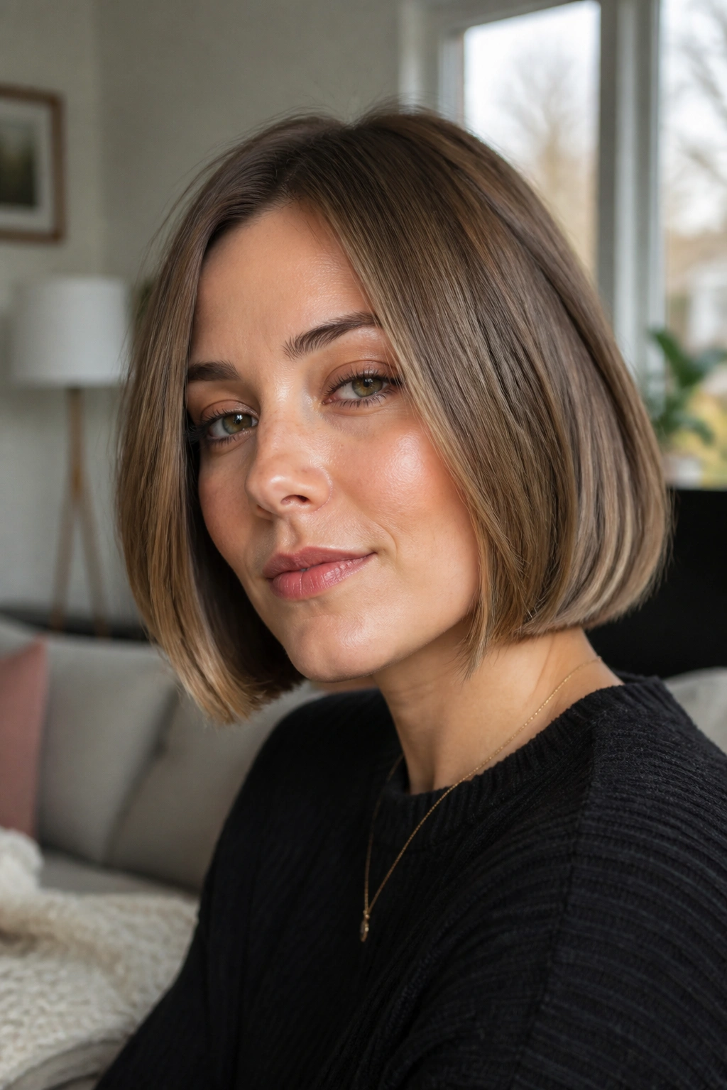 Close-up of a real woman with a chin-grazing bob on fine hair
