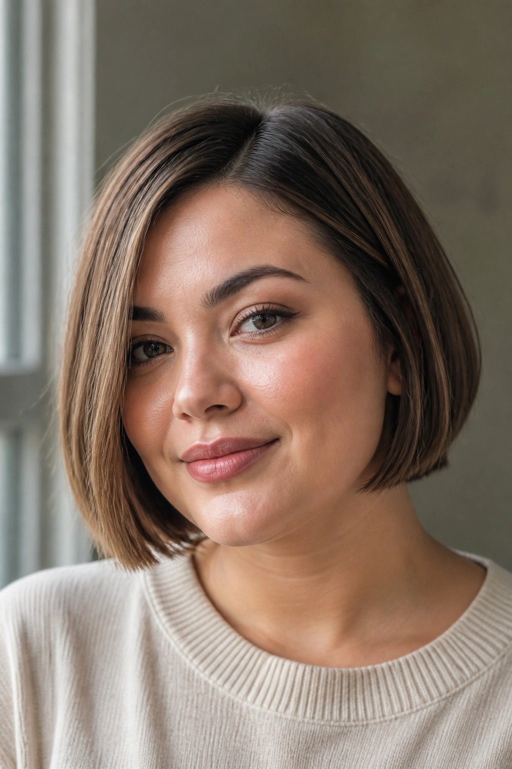 Close-up portrait of a real woman with a chin-grazing blunt bob just below the chin in warm window light