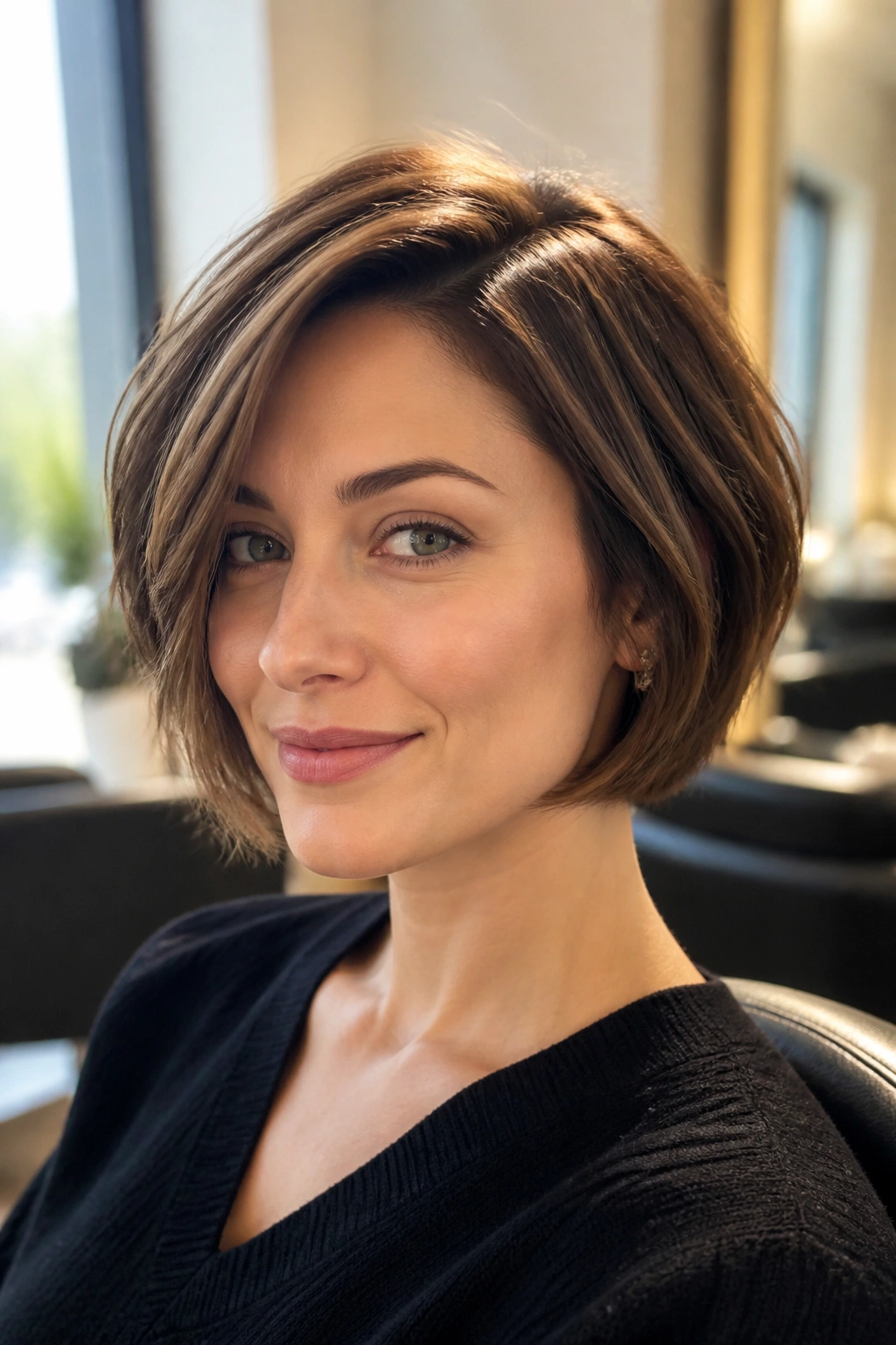 Close-up portrait of a real woman with chin-grazing layered bob and side part, warm salon lighting.