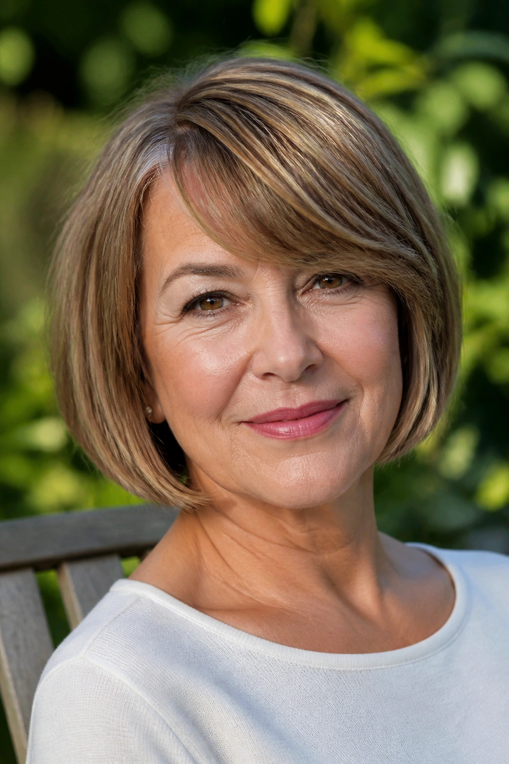 Real woman with chin-grazing bob and side-swept fringe.