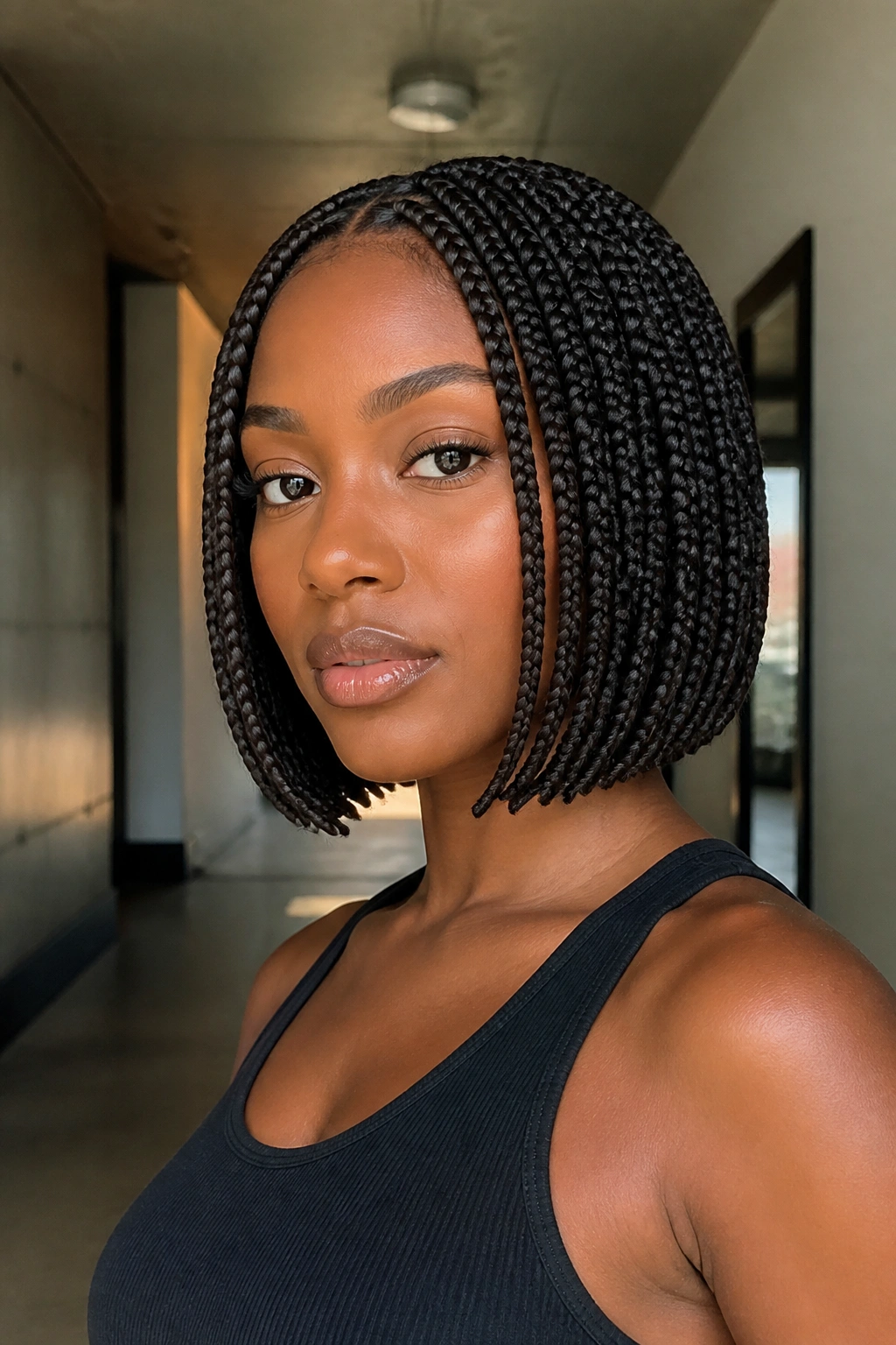 Real woman with chin-grazing box braid bob indoors.