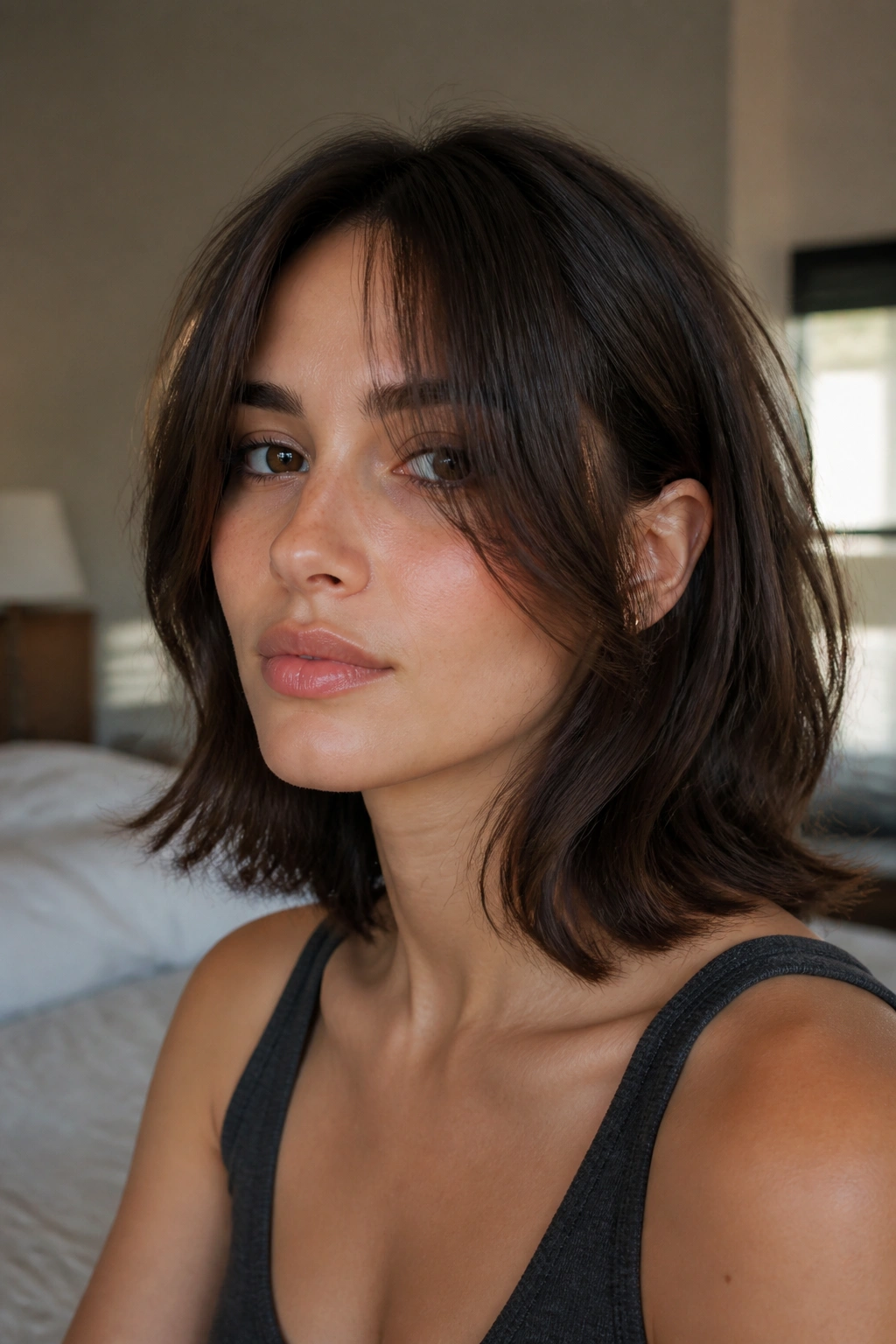 Real woman with chin-grazing curtain bangs on shoulder-length hair in soft window light