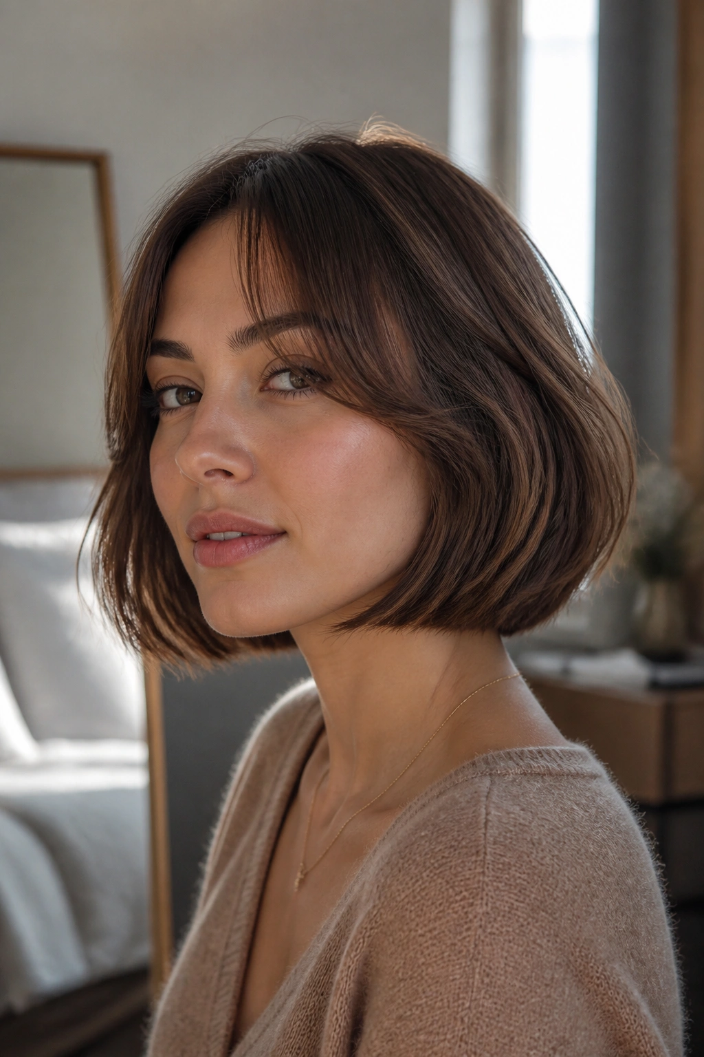 Close-up of a real woman with chin-grazing cut and curtain bangs in a bedroom
