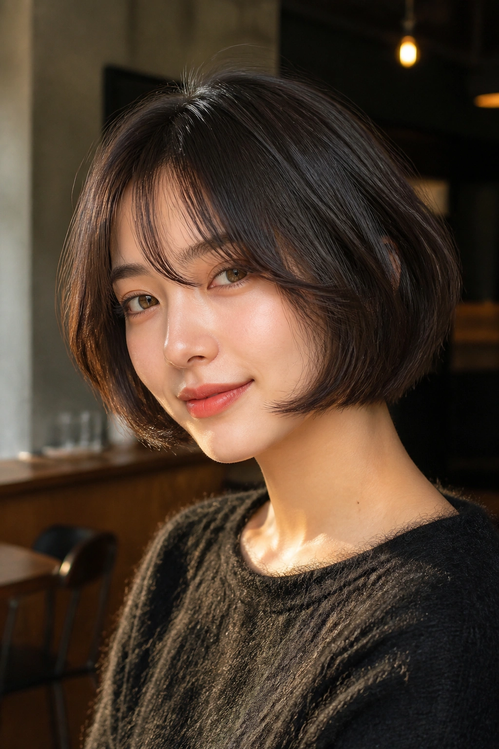 Close-up portrait of a real woman with a chin-grazing French bob in warm cafe light