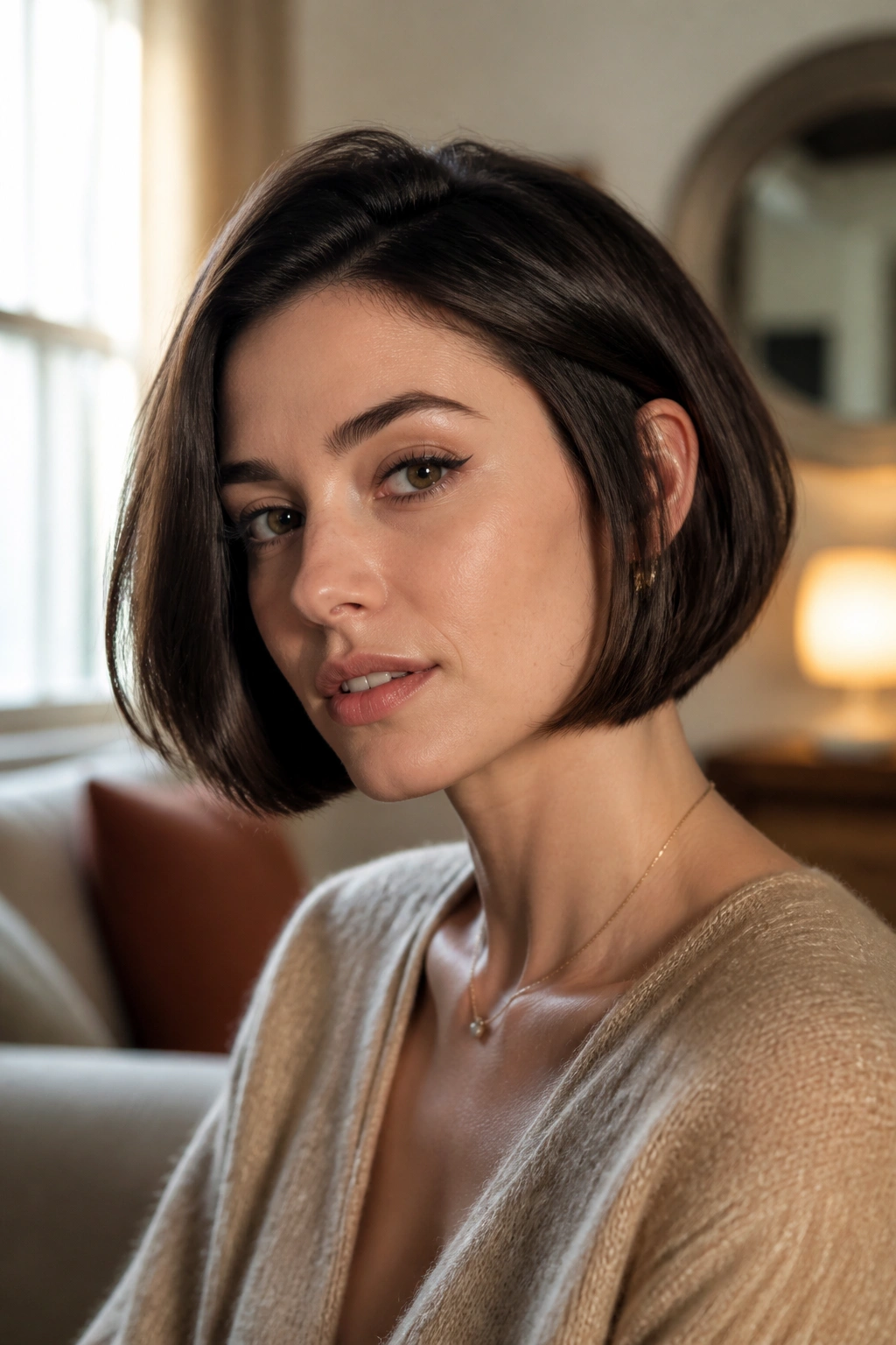 Close-up portrait of a real woman with a chin-grazing French bob showing a soft bevel and jawline framing.
