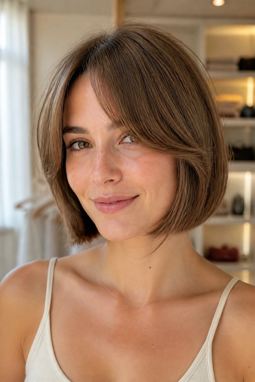 Close-up of a woman with chin-grazing lob and long swoopy bangs