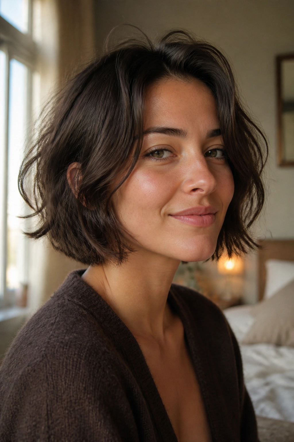 Close-up of a real woman with a chin-length shaggy bob without bangs in warm window light