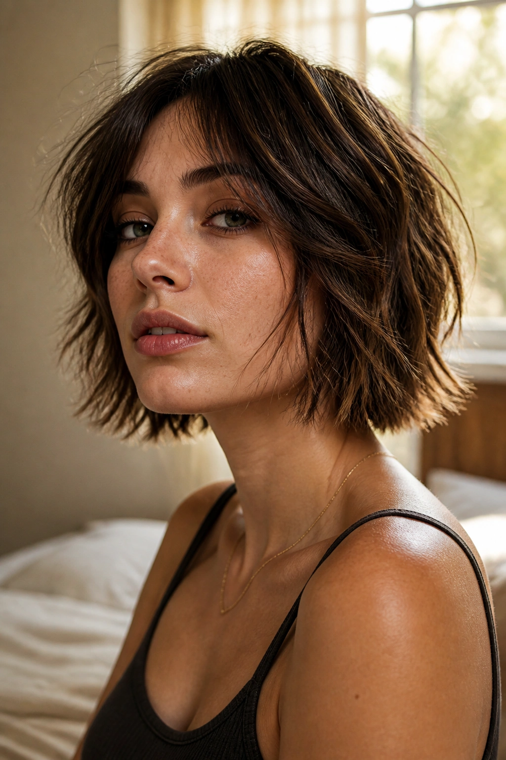Close-up of chin-grazing shaggy bob on a real person with choppy ends
