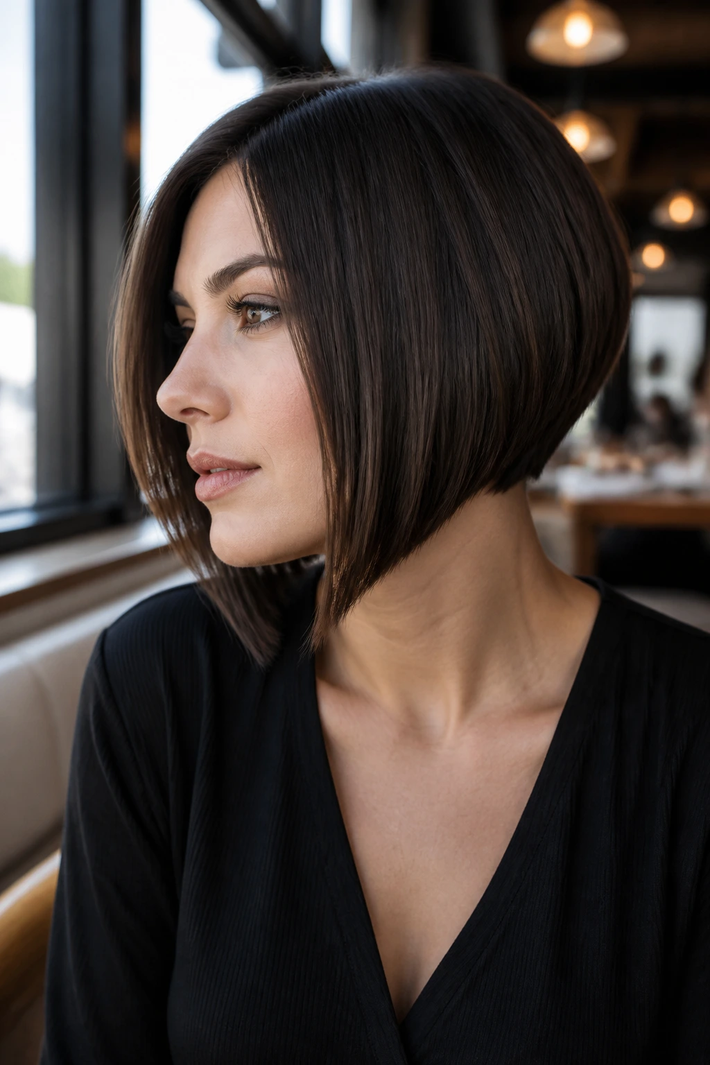 Close-up portrait of a real woman with a chin-length angled bob and bold diagonal line.