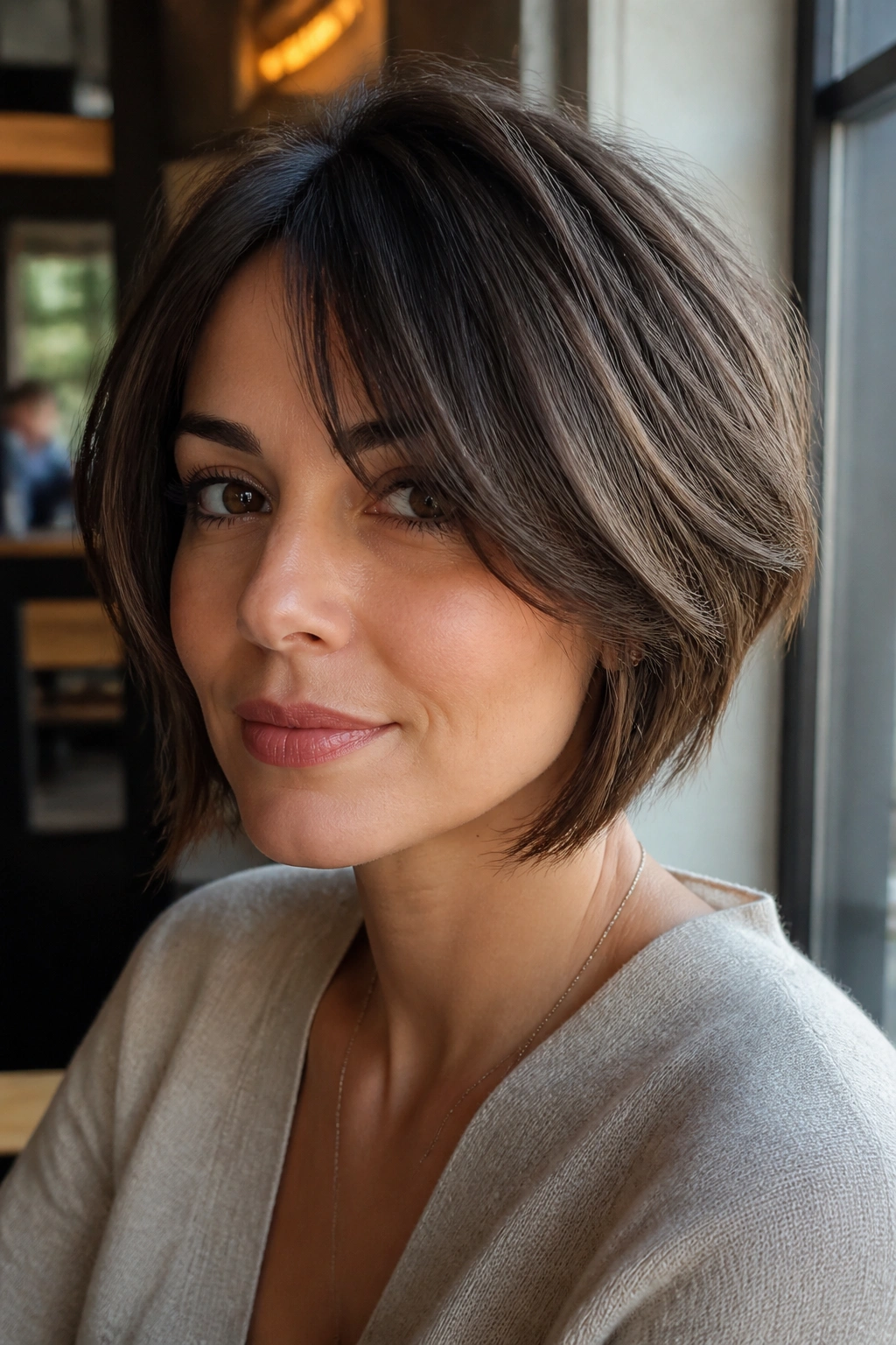 Close-up portrait of a real woman with chin-length side bangs.