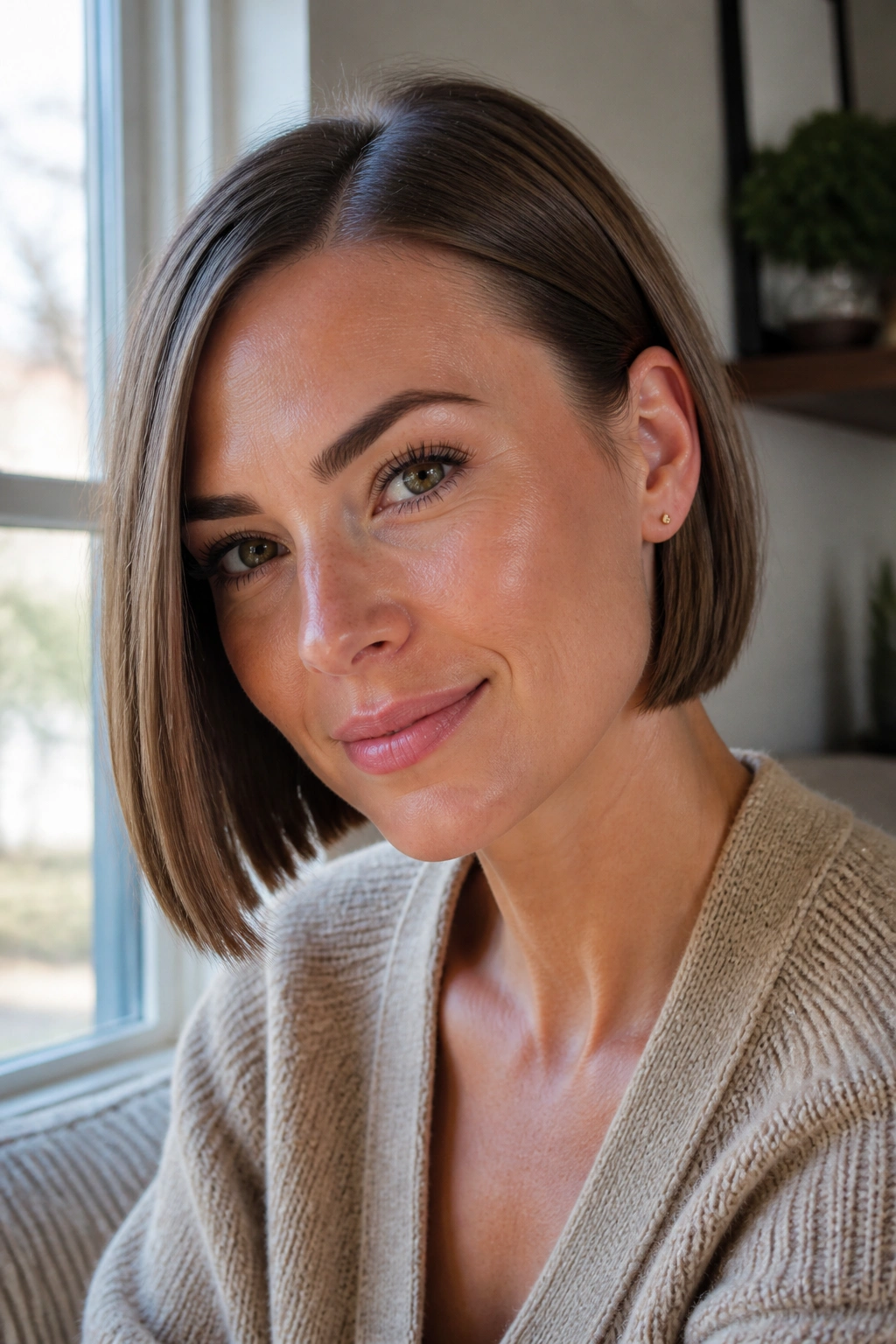 Close-up of a real woman with a chin-length blunt bob in natural light