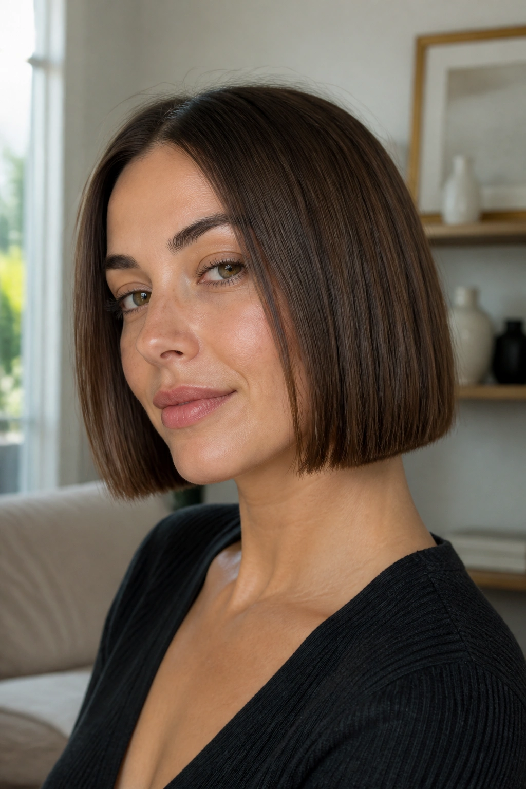 Close-up portrait of a real woman with a chin-length blunt bob and crisp edge in natural window light