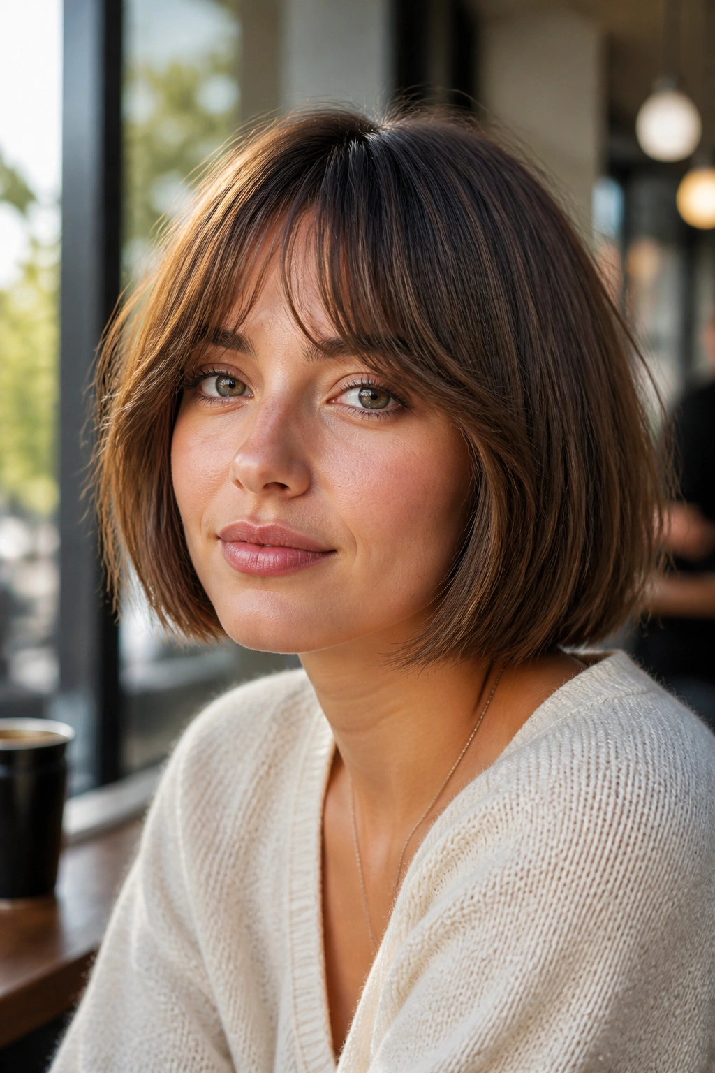 Close-up of a real woman with a chin-length blunt bob and soft curtain fringe