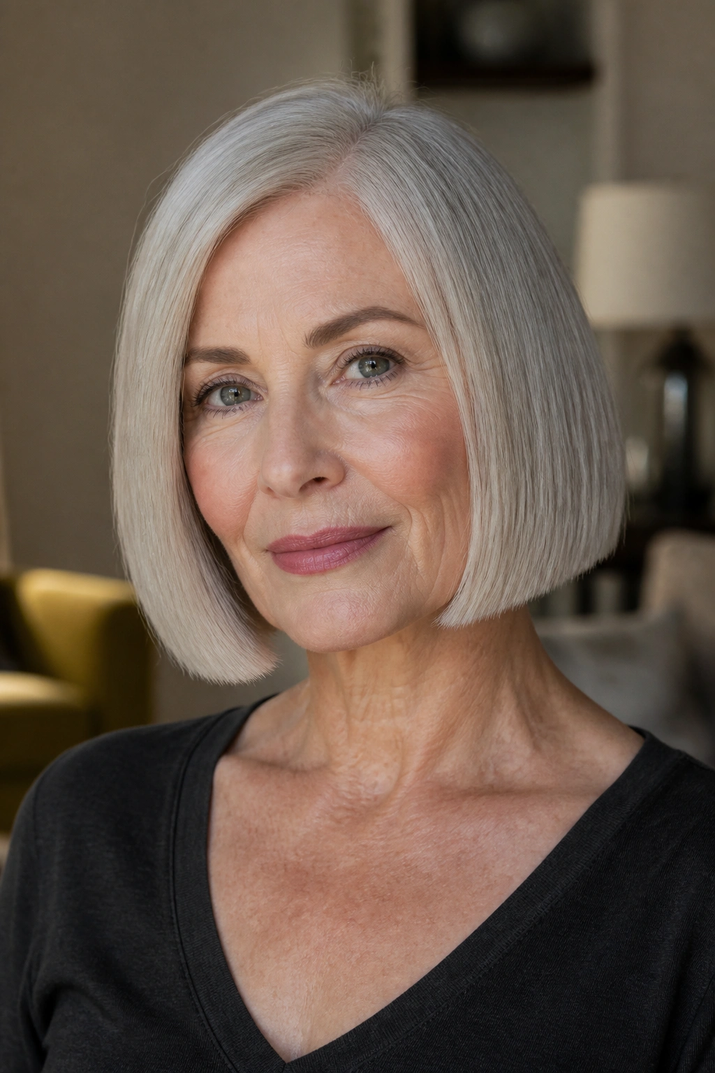 Close-up portrait of a real woman with a chin-length blunt bob in gray hair, soft window light