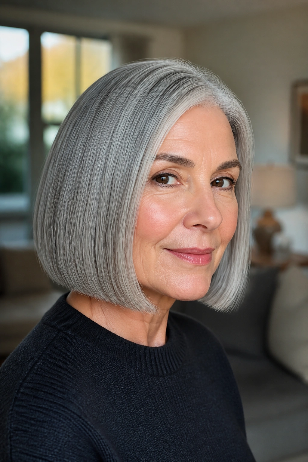 Close-up portrait of a real woman with a gray chin-length blunt bob in natural window light