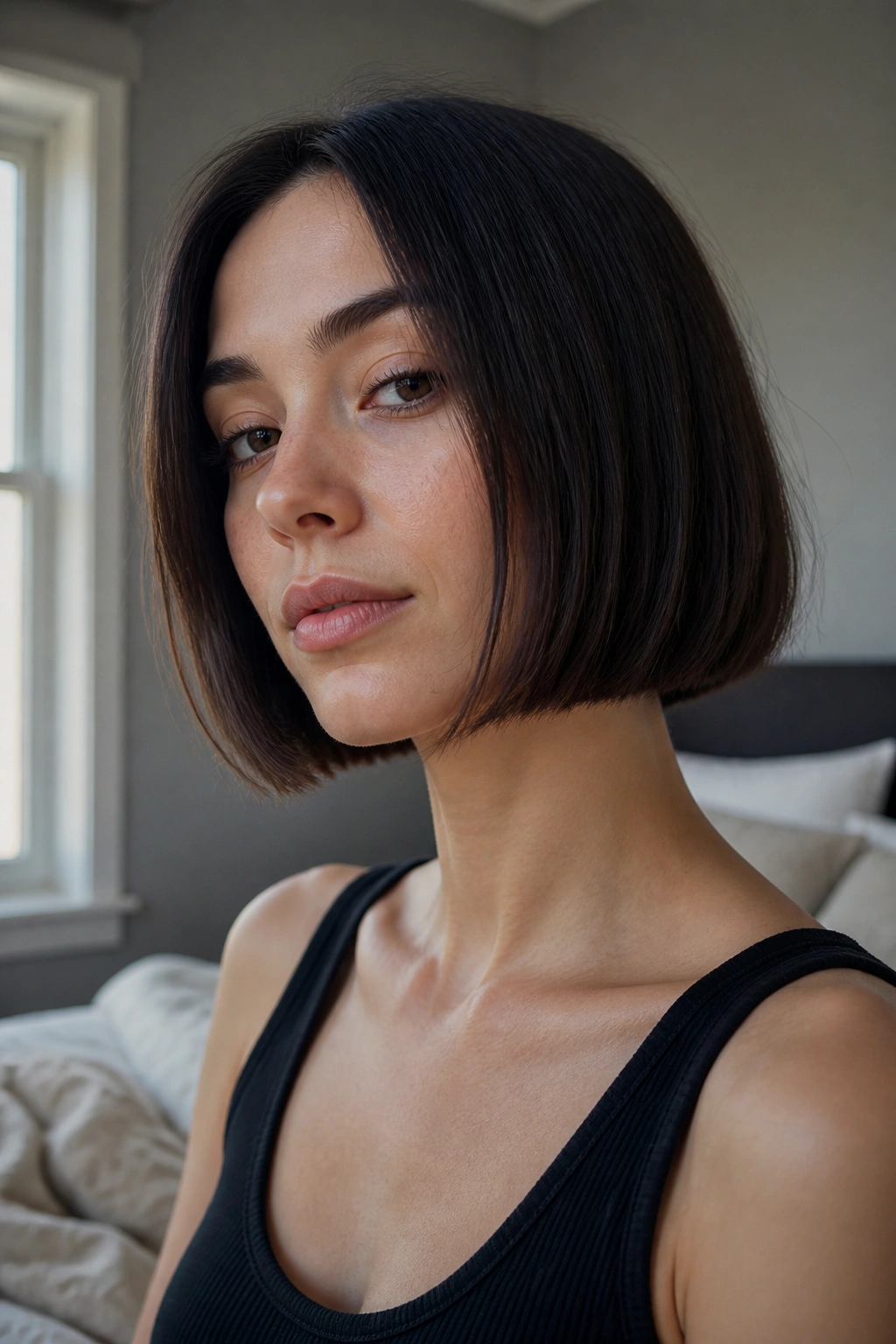 Close-up portrait of a woman with a chin-length blunt bob emphasizing a crisp jawline