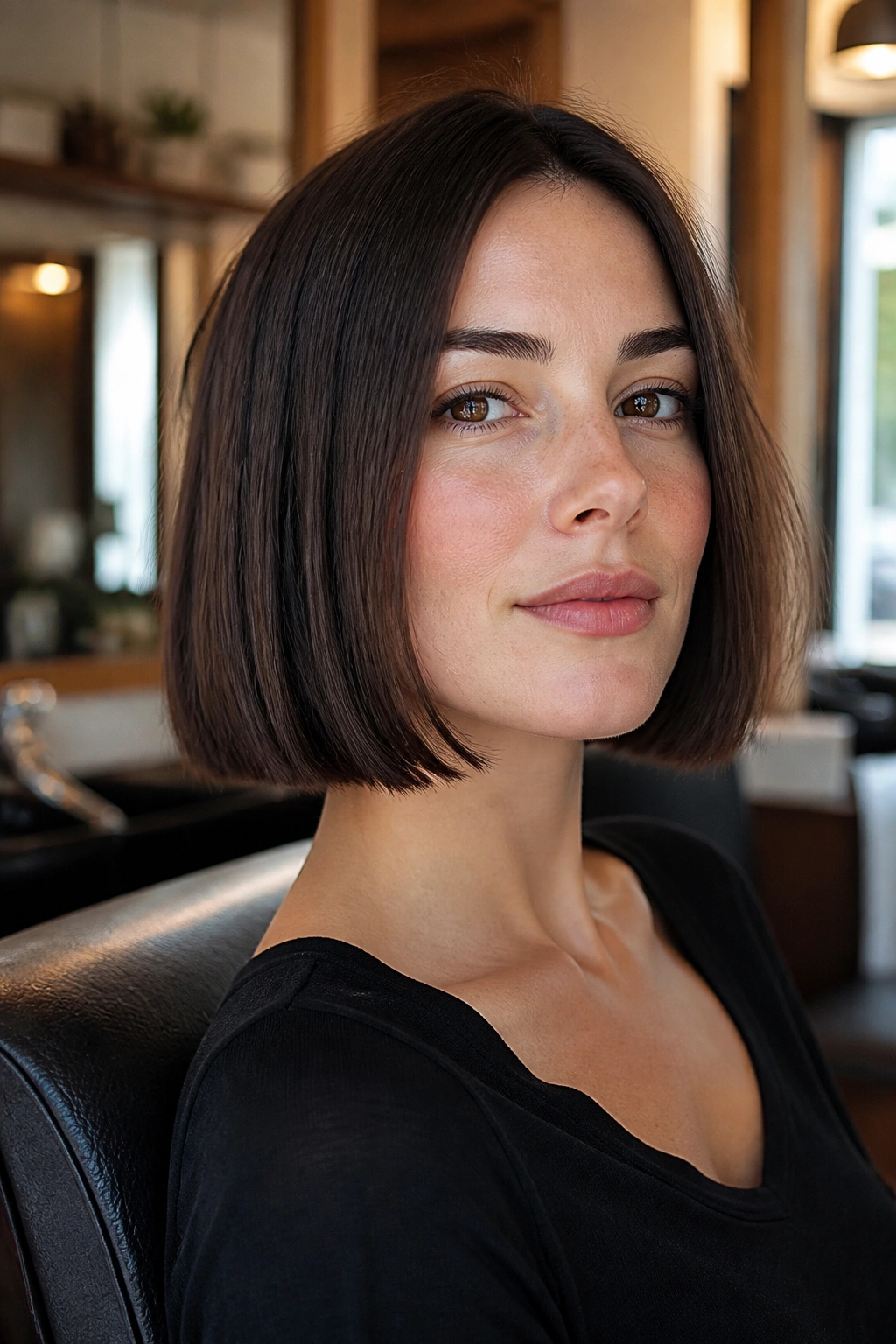Close-up portrait of a real woman with chin-length blunt bob flattering a long face in warm salon light