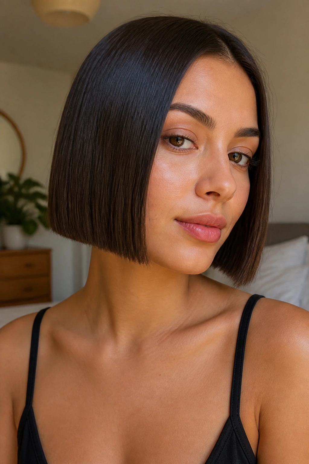 Close-up of a real woman with a chin-length blunt bob, sharp jawline and glossy ends.