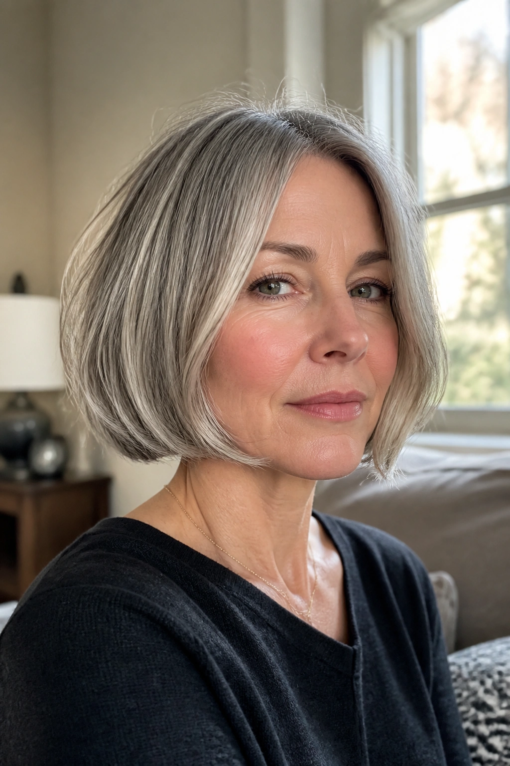 Close-up of a real woman with a chin-length French bob in silver-gray, soft blunt line.
