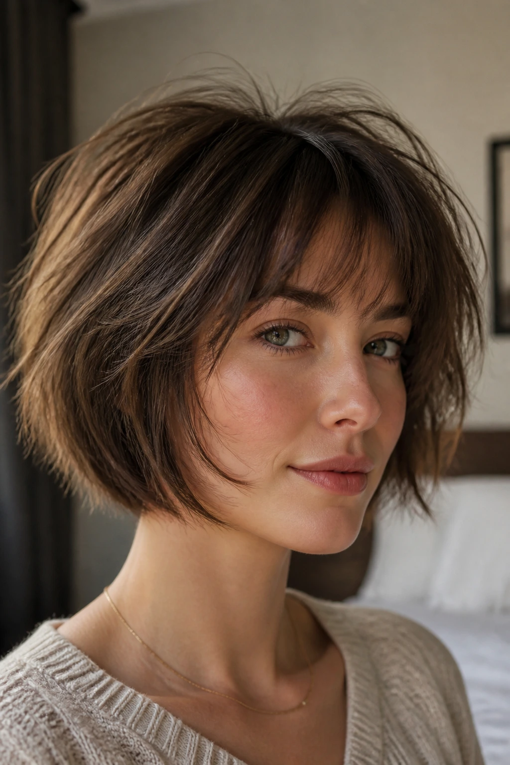 Close-up portrait of a real woman with chin-length choppy bob and airy crown layers in natural window light