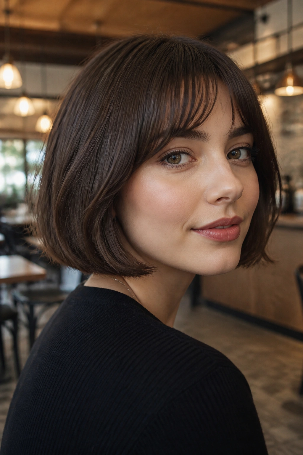 Close-up of a real person with a chin-length bob and arched bangs