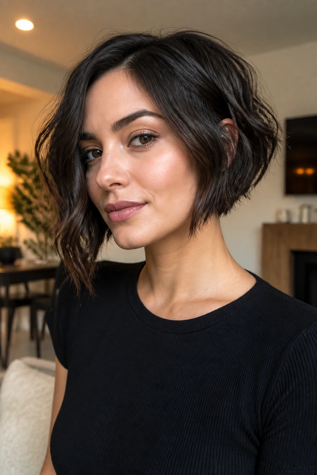 Close-up of real woman with chin-length bob and longer front corner.