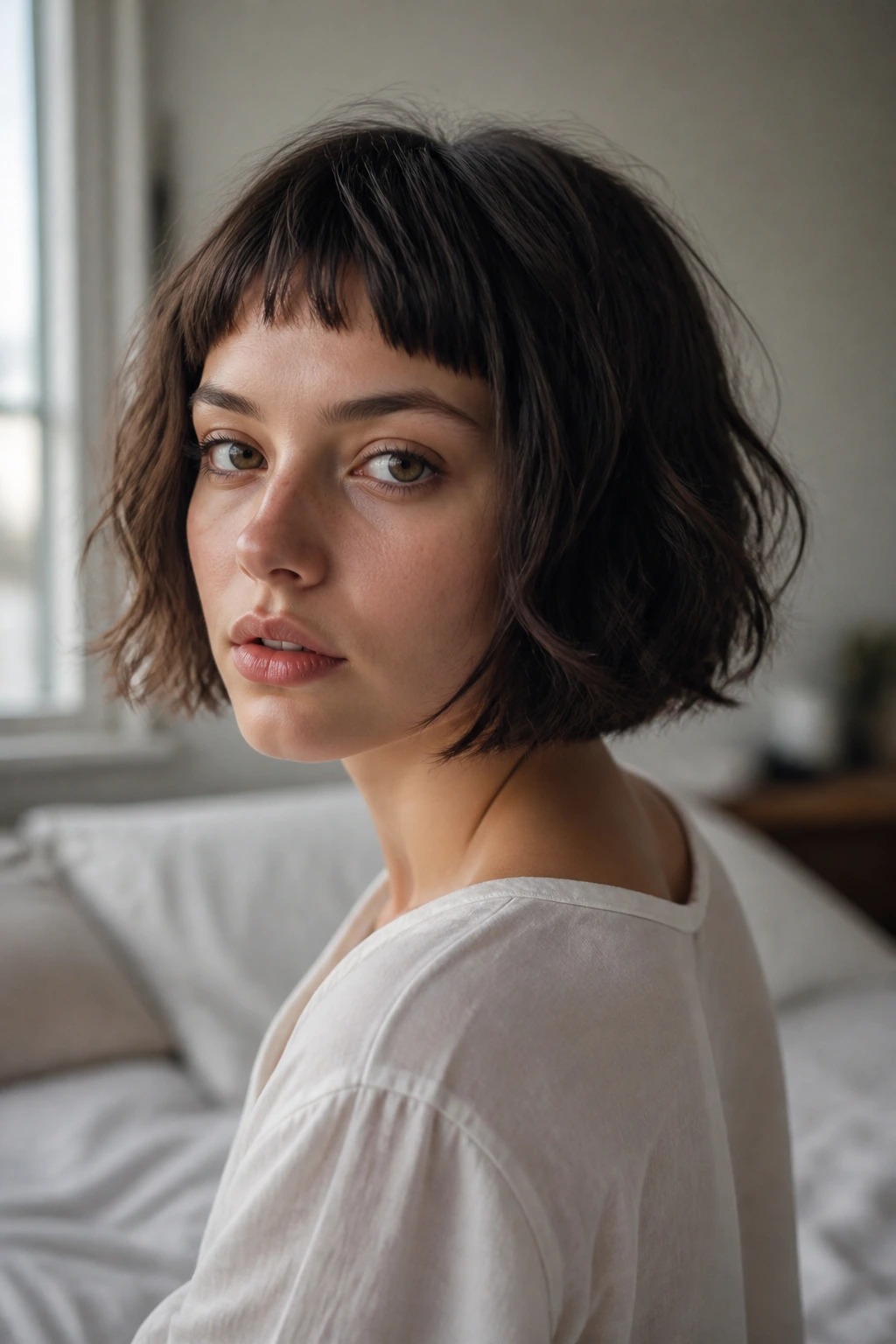 Close-up portrait of a real person with chin-length tousled bob and baby bangs