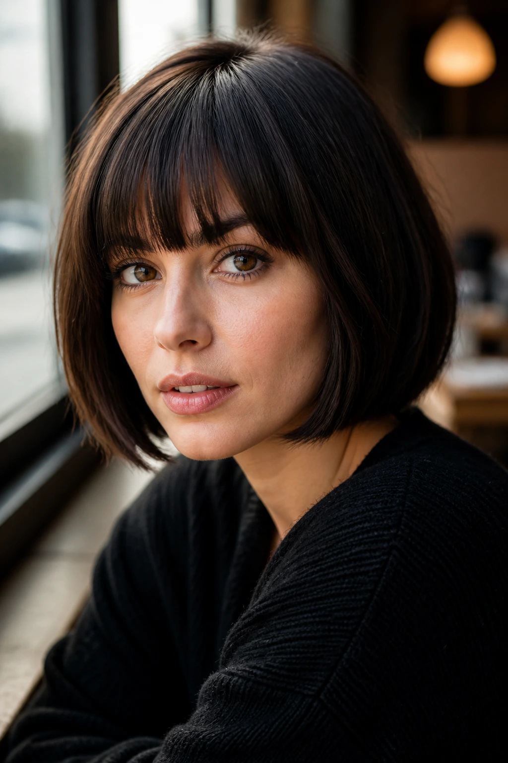 Close-up of chin-length bob with full bangs on a real person
