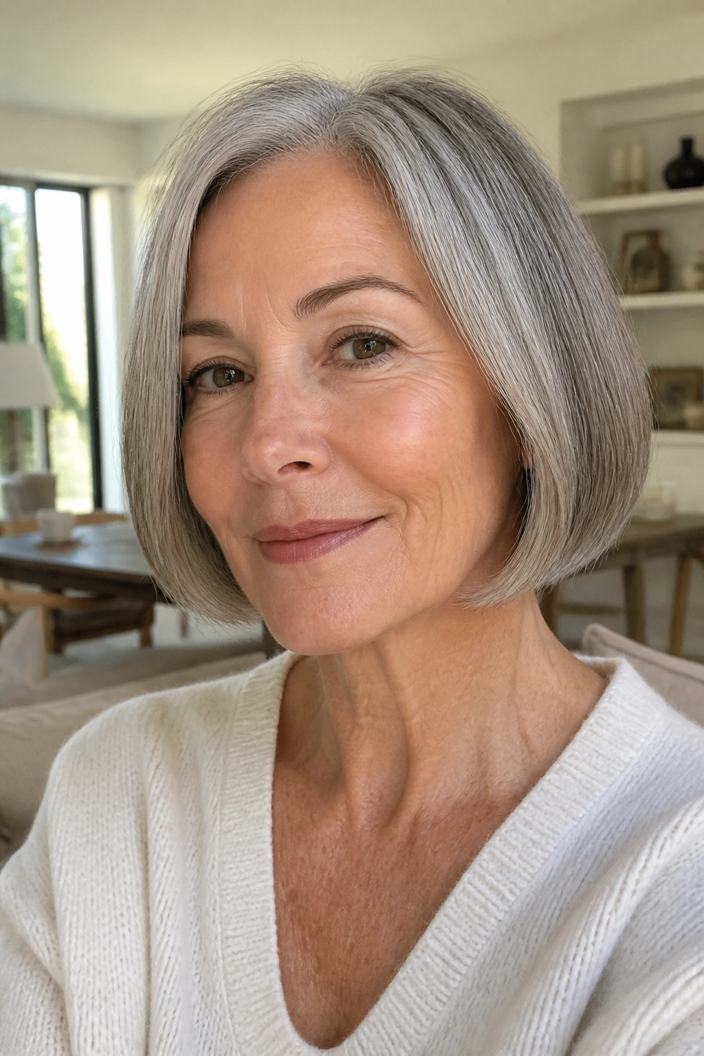 Close-up of a real woman with a chin-length bob and blunt ends.