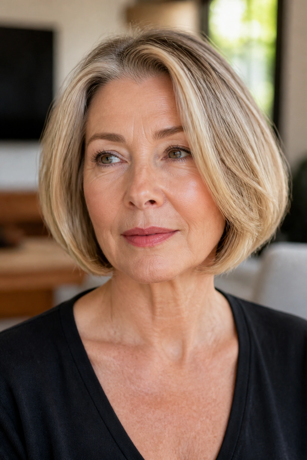 Real woman with chin-length bob showing bounce.