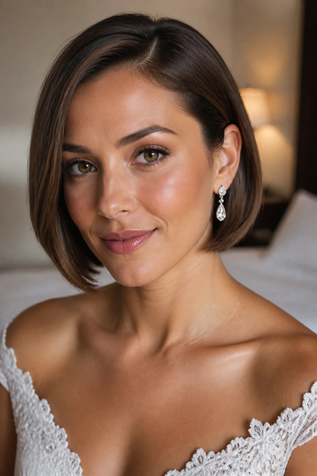 Bride with chin-length bob with tucked ends