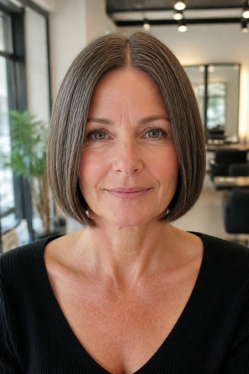Close-up of a woman with a chin-length bob and center part