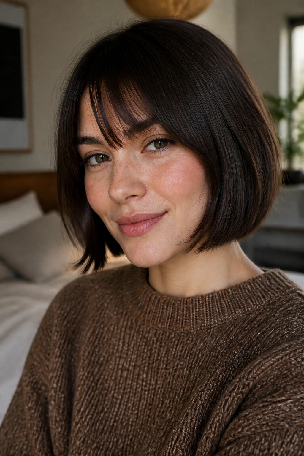 Close-up portrait of a real woman with a chin-length bob and cheekbone-grazing bangs