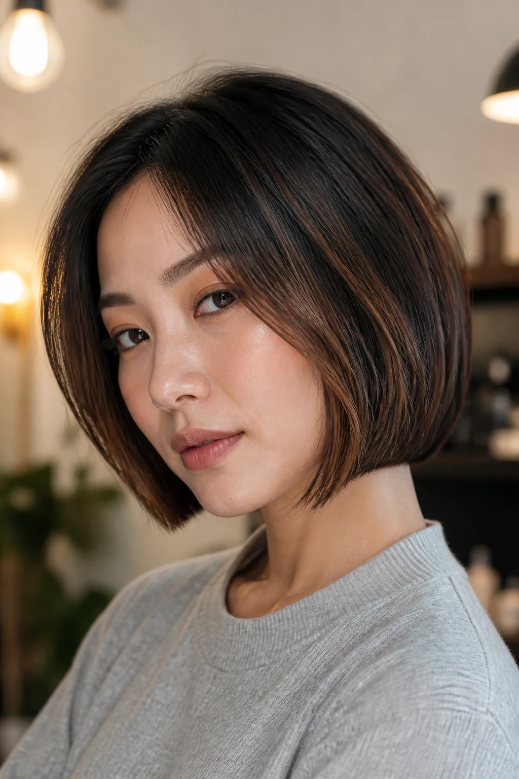 Close-up of chin-length bob with cinnamon veils on a real person