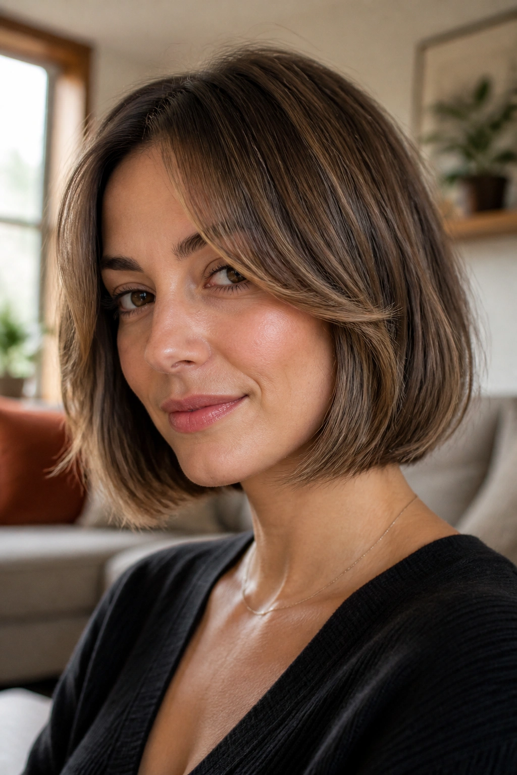 Medium close-up of a real woman with chin-length bob and curtain bangs in a cozy room