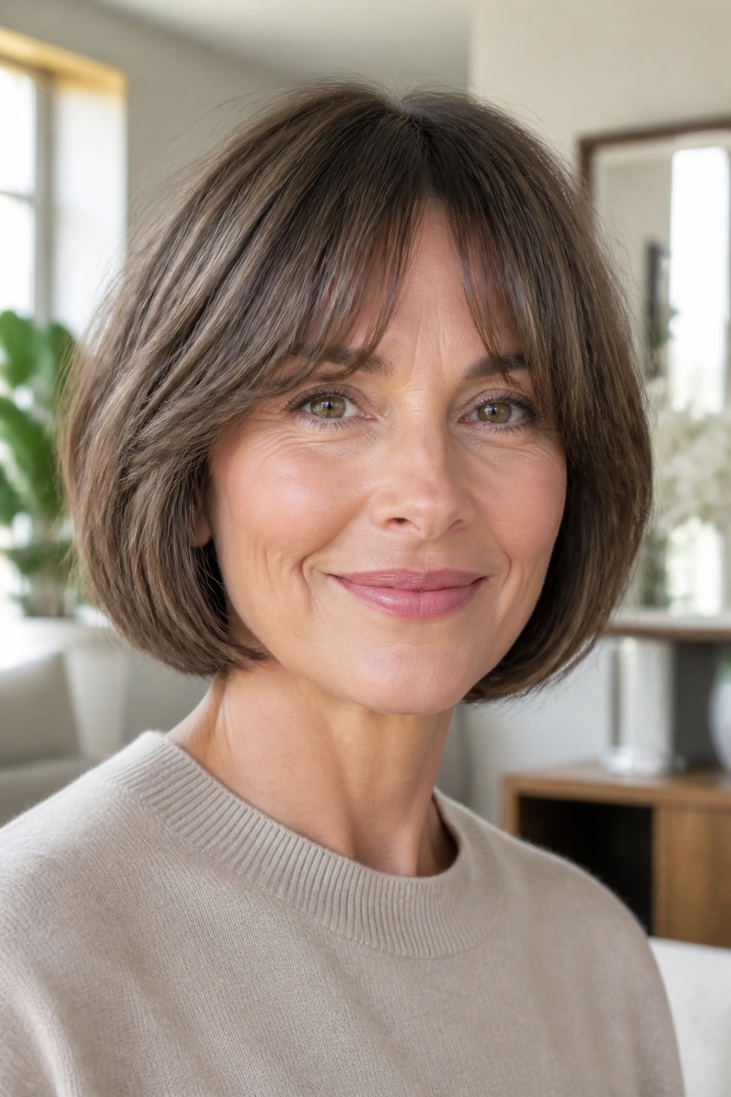 Real woman with chin-length bob and curtain bangs in bright room