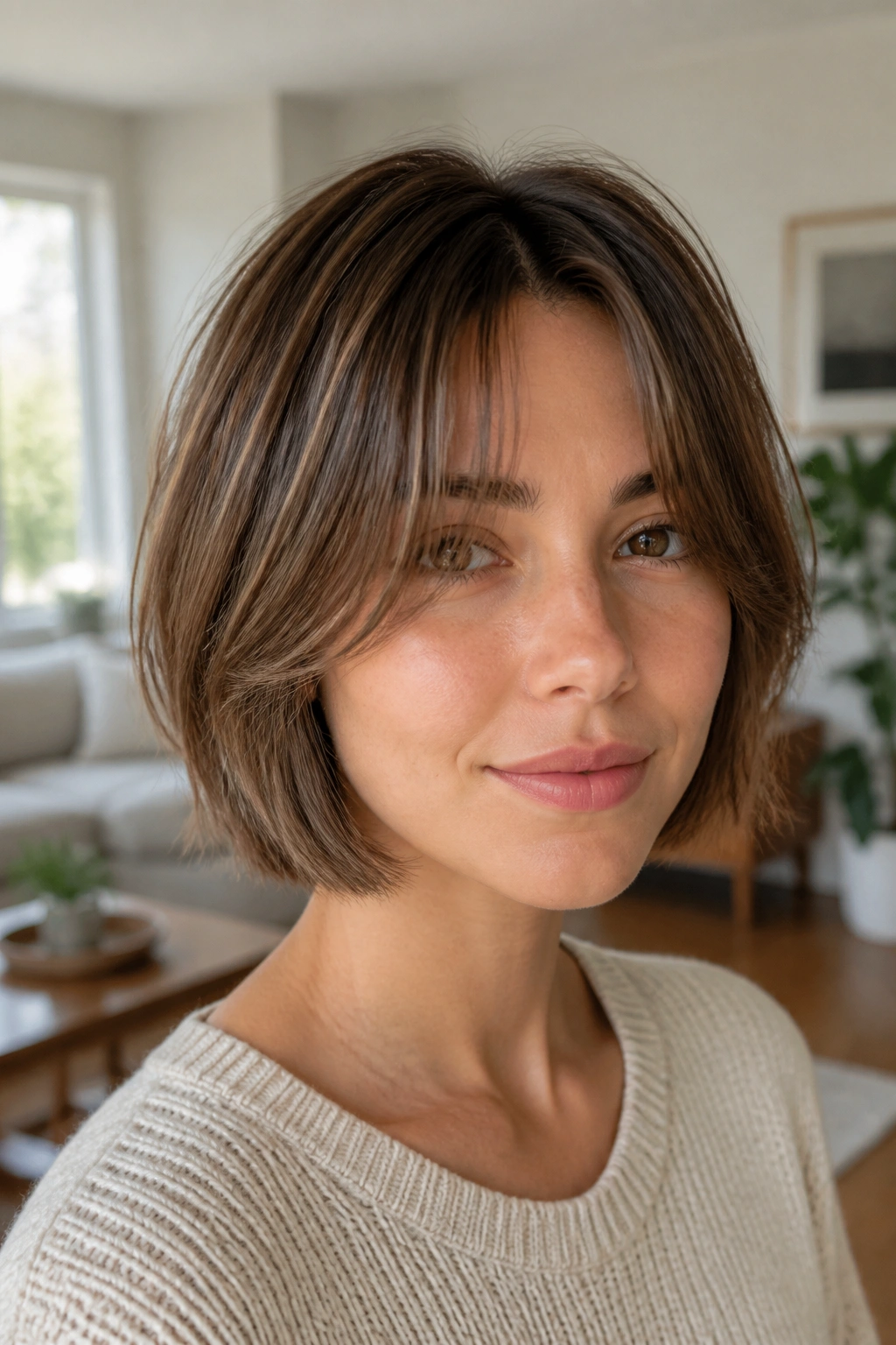 Close-up portrait of a person with chin-length bob and curtain bangs