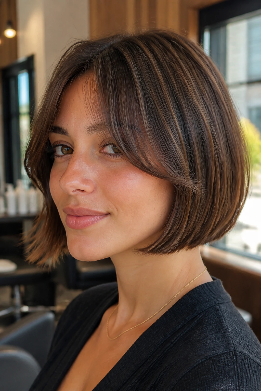 Close-up portrait of a real woman with chin-length bob and curtain bangs in a salon setting
